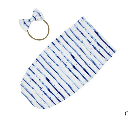 CUSTOM BLUE STRIPES BABY SWADDLE + HEADBAND