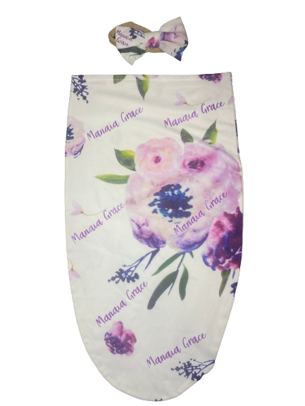 PURPLE FLORAL BABY SWADDLE + HEADBAND